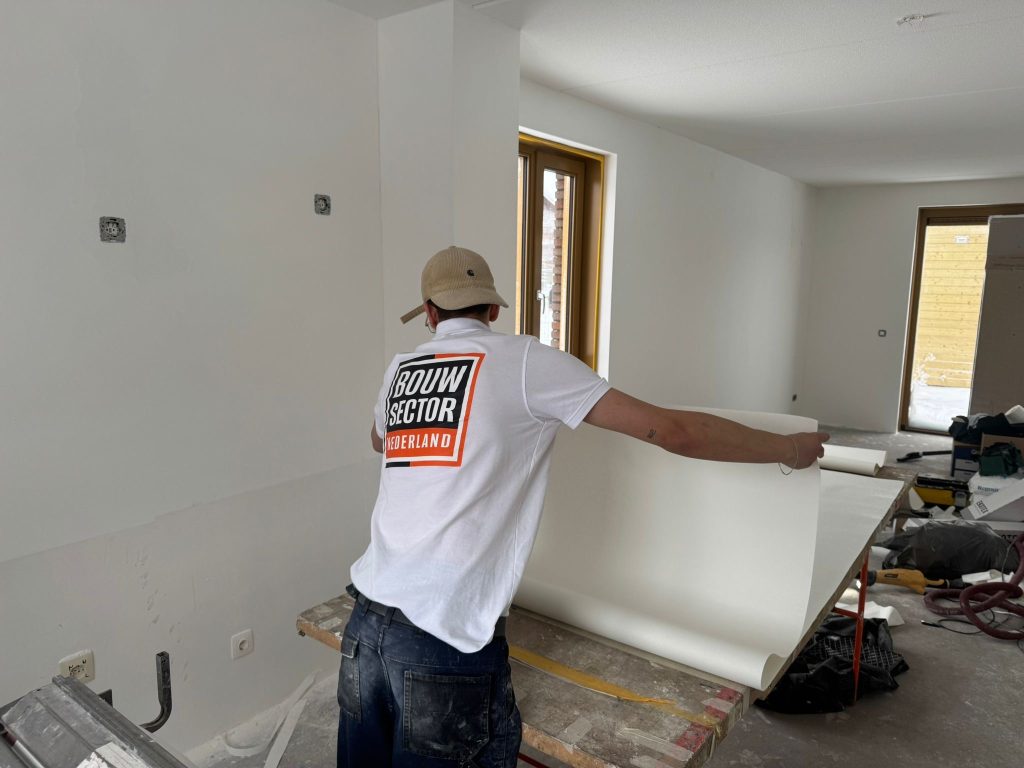 Vakman van Bouwsector Nederland brengt een baan renovlies aan